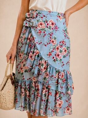 Babylon Romantic Light Blue Floral Wrap Skirt Ruffle Detail Statement Piece Sz 4